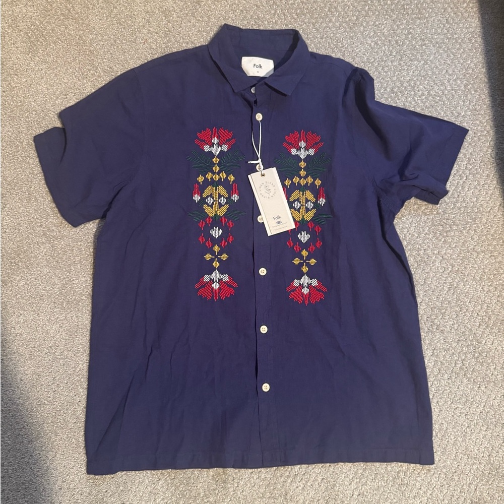 Folk Linen Blend Button Down Shirt with Embroidery NWT